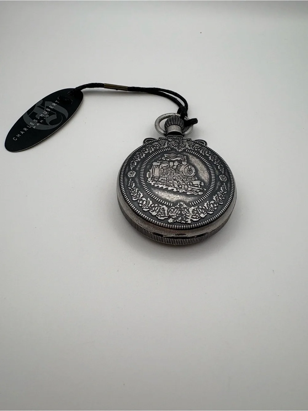 New in Box Charles-Hubert Paris Antiqued Chrome Finish Steam Engine Pocket Watch